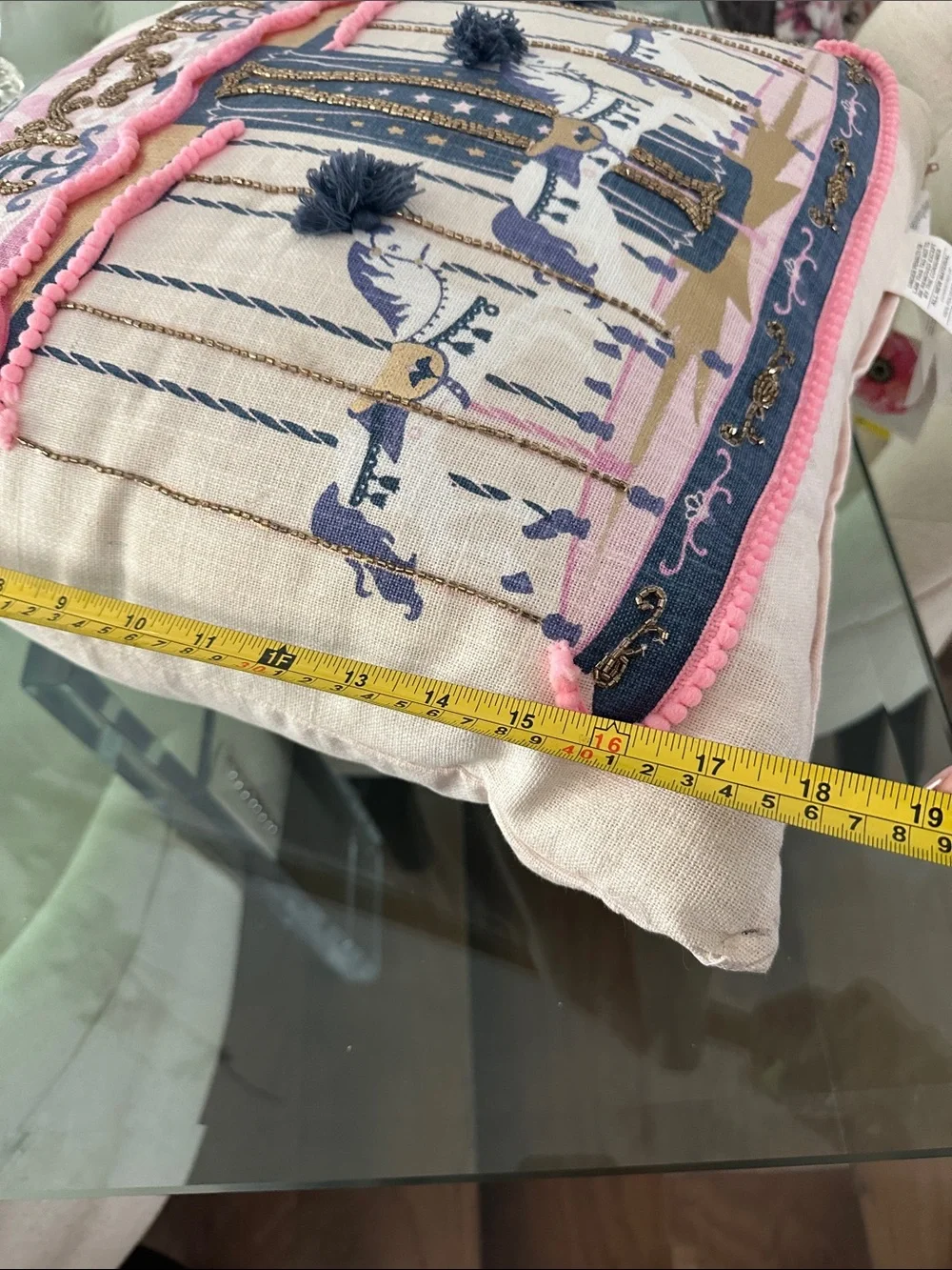 Carousel Horse Decorative Pillow with Pink & Navy Embroidery and gold bits